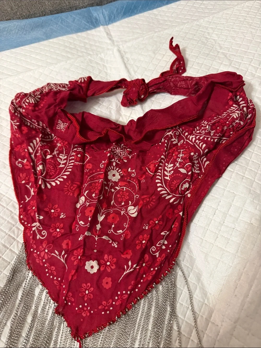 Y2k Red Bandana necklace with Silver Fringe